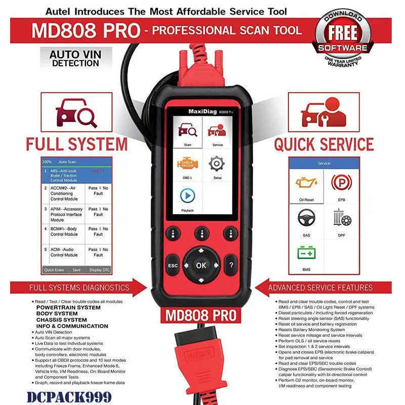 Autel MD808 Pro OBDII Auto Diagnostic Tool OBD2 Code Reader Scanner ABS SRS EPB BMS Code Reader Better MD802 MD805