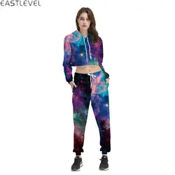 2018 девушки звездное небо 3D Принт толстовки Для женщин показывая пупка Hooded Crop Топы; пуловер; фуфайка Топы