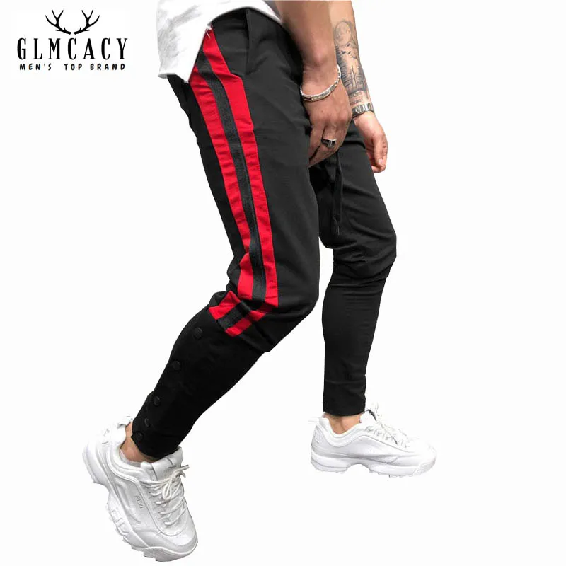 Hip Hop Skinny Men Side Striped Jogger Sweatpants Drawstring Track