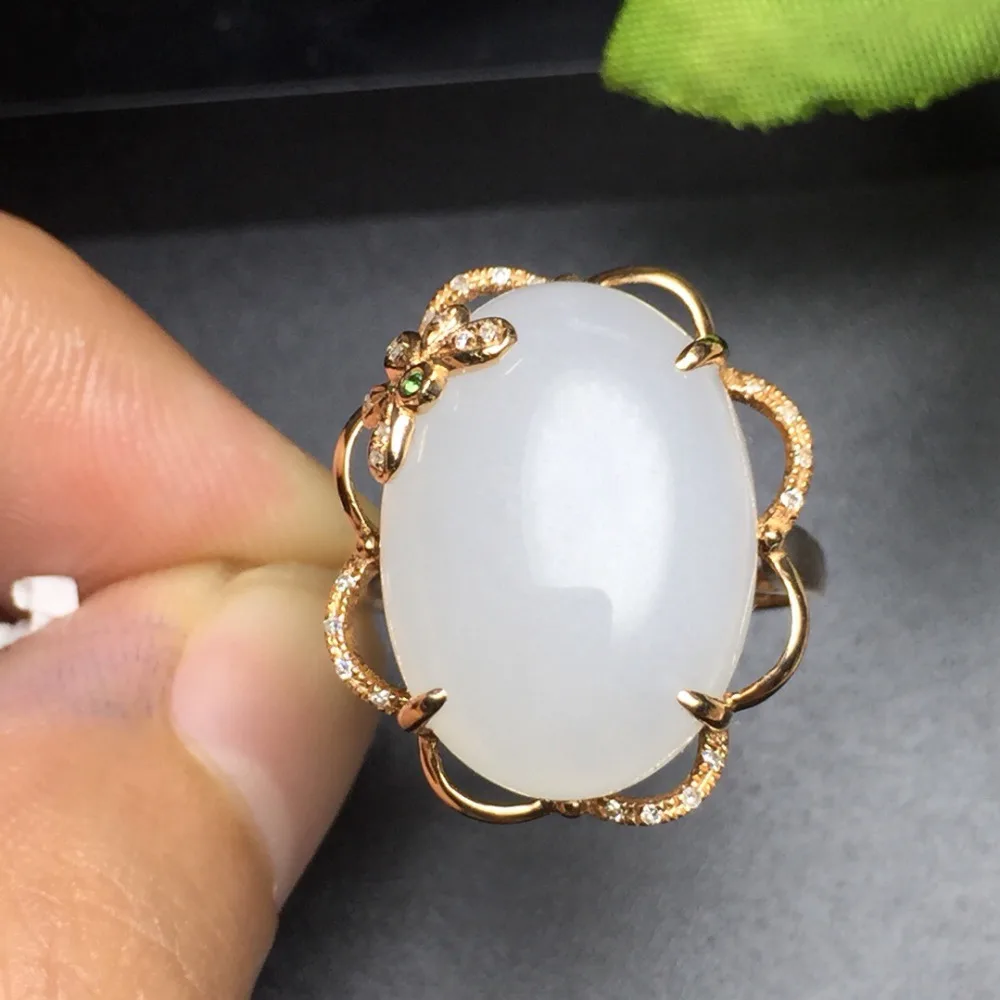 

Fine Jewelry Collection Real 18K Rose Gold AU750 100% Natural White Hetian Jade Gemstone Rings China Origin for Women Gift