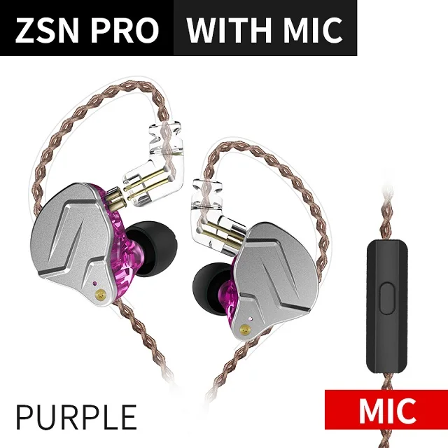 Плотным верхним ворсом KZ ZSN PRO 1BA+ DD в ухо наушник гибридная гарнитура HIFI бас Шум шумоподавления наушники для ZST ZS10 AS10 ZSN C10 C16 V80 - Цвет: purple with mic
