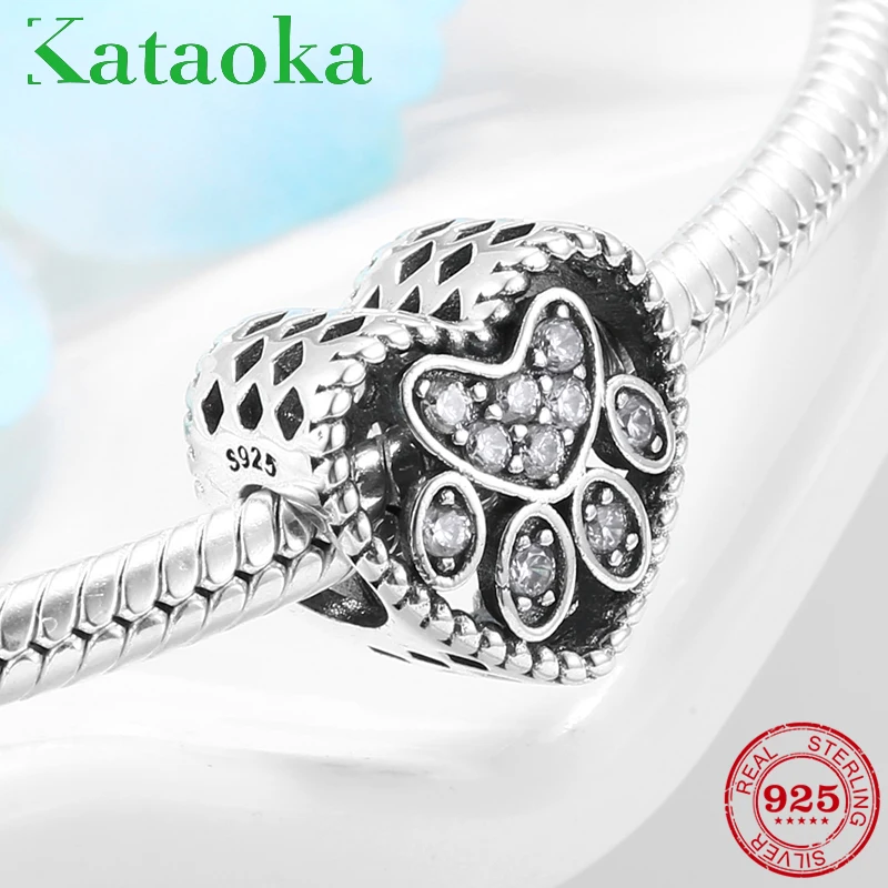 

100% Genuine Sparkling CZ Dog claw Heart Charms 925 Sterling Silver Bead Fit Original Pandora Bracelet Bangles Jewelry making