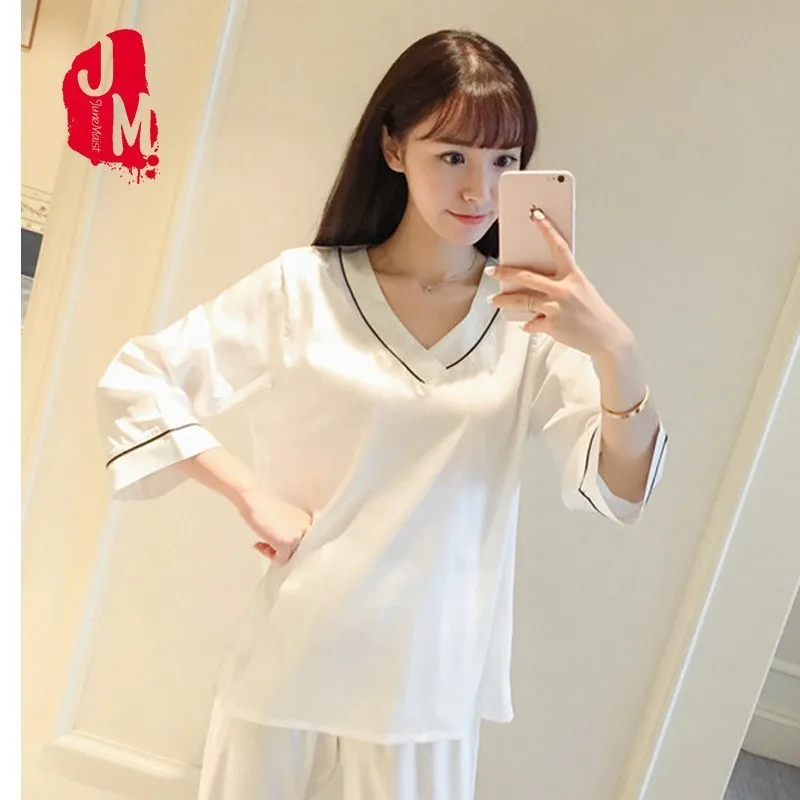 

Sleepwear Women Set Long Sleeve Solid Pyjamas Women Satin Summer Pijamas Women Silk Plus Size Silk Pajamas Sleep M L XL Homewear