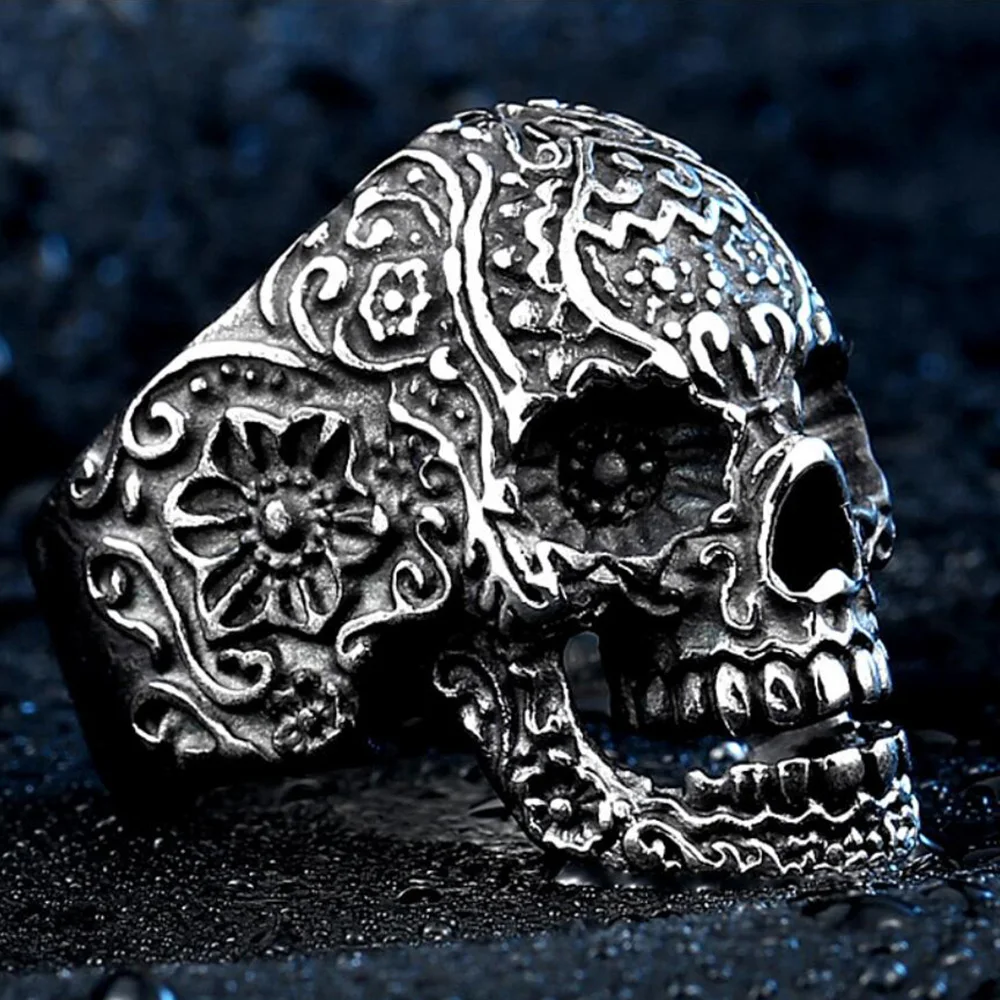 Vintage Gothic Skull Biker Stainless Steel Men's Punk Jewelry Accessories Black Skull Ring