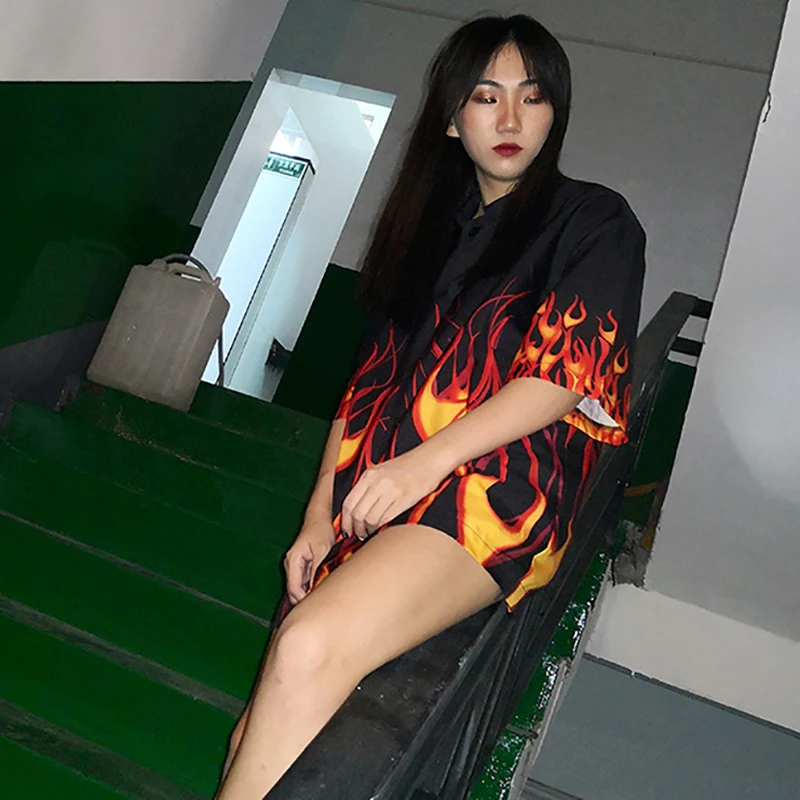 Женская рубашка новая летняя женская рубашка Harajuku Hell Flame рубашка свободная длинная Ретро рубашка с поясом подходящая по цвету рубашка с коротким рукавом