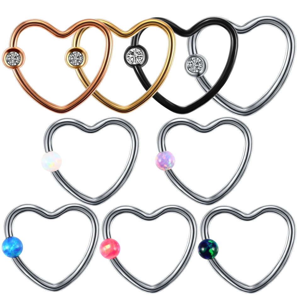 

Fashion 1PC Steel&Opal Colorful CZ Crystal Daith Heart Captive Bead Ring Opal Ear Helix Tragus Cartilage Lip Nose Piercing Ring