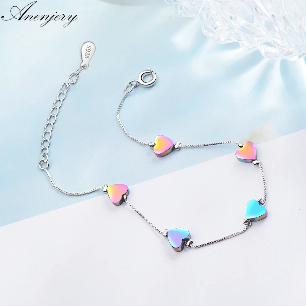 

Anenjery Sweet Coloful Love Heart 925 Sterling Silver Bracelet For Women S-B213