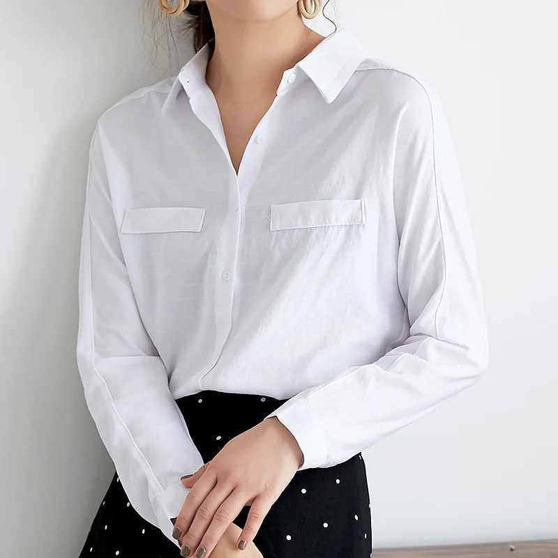 Spliced-Fake-Pocket-Women-Shirt-Turn-down-Collar-Milky-Loose-Office ...