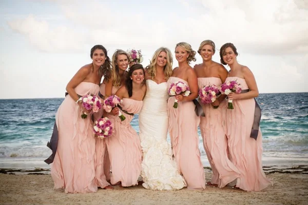 Blush Pink Strapless Bridesmaid Dresses Long Chiffon Sashes