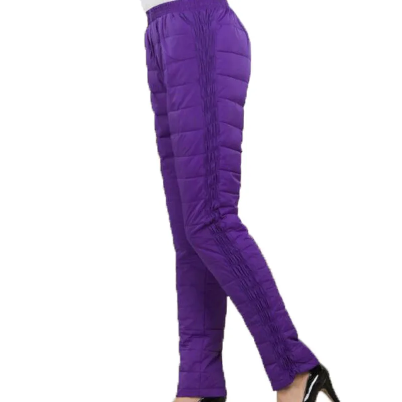 Женская Осенняя одежда размера плюс, одноцветная эластичная талия, высокая полная длина, прямые плотные 95%, женские зимние плотные теплые пуховые брюки