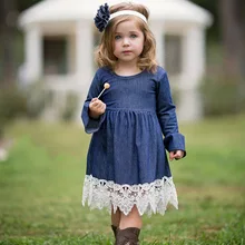 2017 Spring Girls Princess Dress Children Clothing Denim Lace Evening Dress Kids Long Sleeve Party Dresses Baby Girl Costume