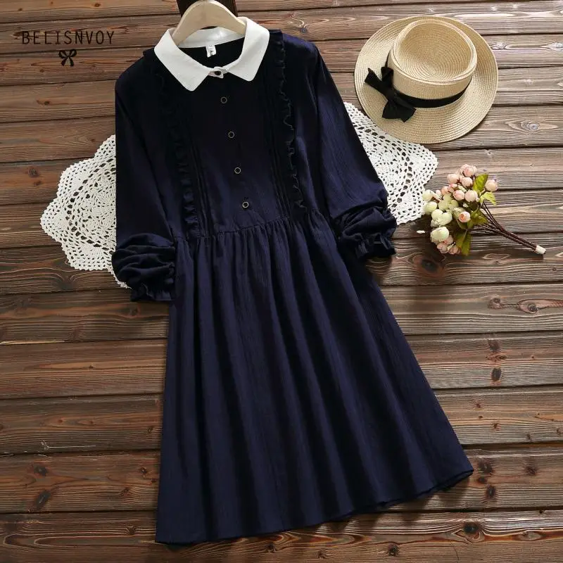 Günstige Vestidos Verano 2019 Blau Rosa Japan Stil Mori Mädchen Süße Kleid Frauen Rüschen Langarm Baumwolle Leinen Vintage Kleider