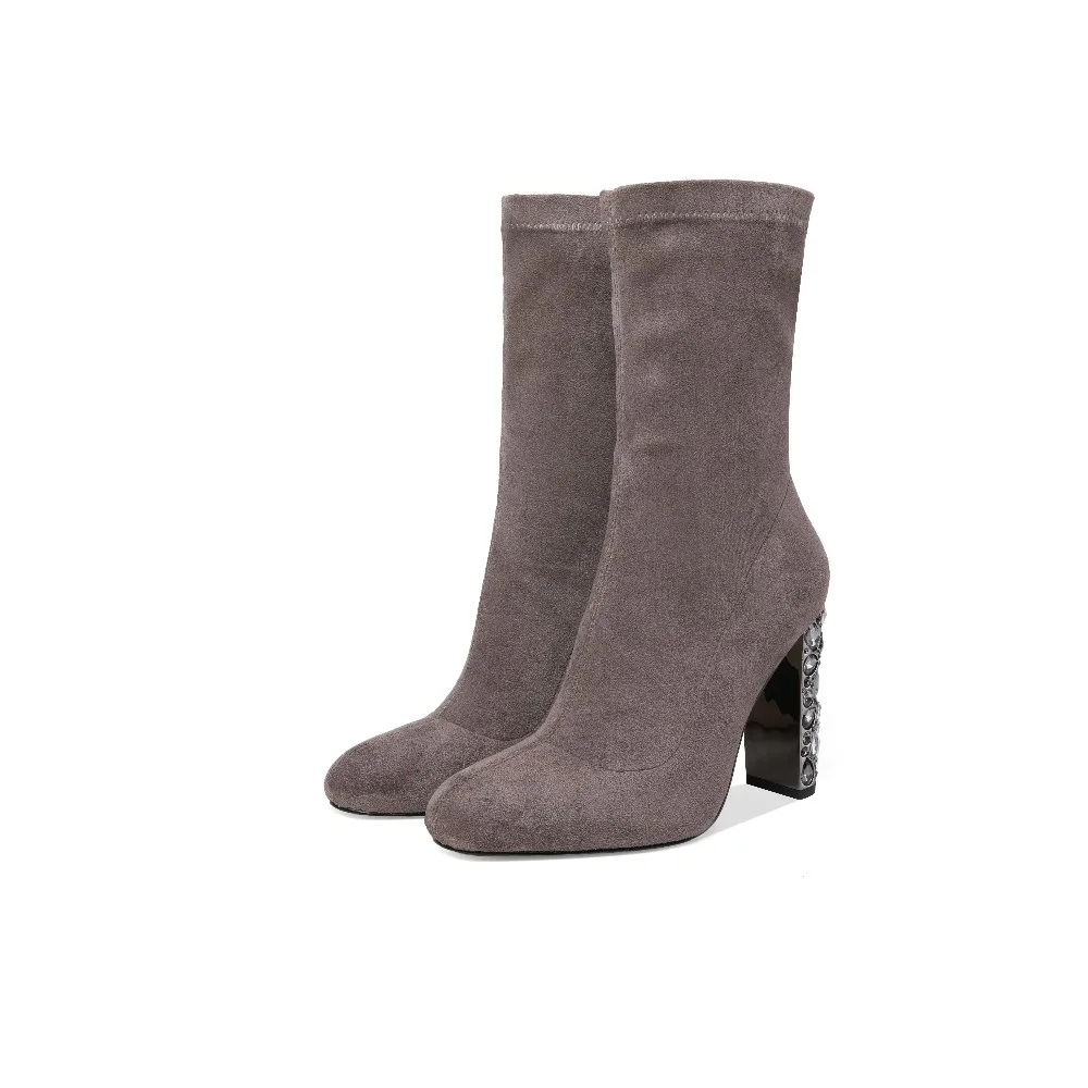 Arden Furtado весна-осень с не сужающимся книзу массивным каблуком Обувь на высоком каблуке 10 см, на высоком каблуке; растягивающиеся сапоги с Стразы серые ботинки; большие размеры 41, 33, женская обувь