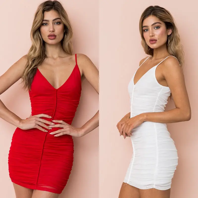 Sexy Fashion Women Slim Sleeveless Deep V-Neck Skinny High Waist Ruched Solid Mini Dress Cocktail Party Clubwear | Женская одежда