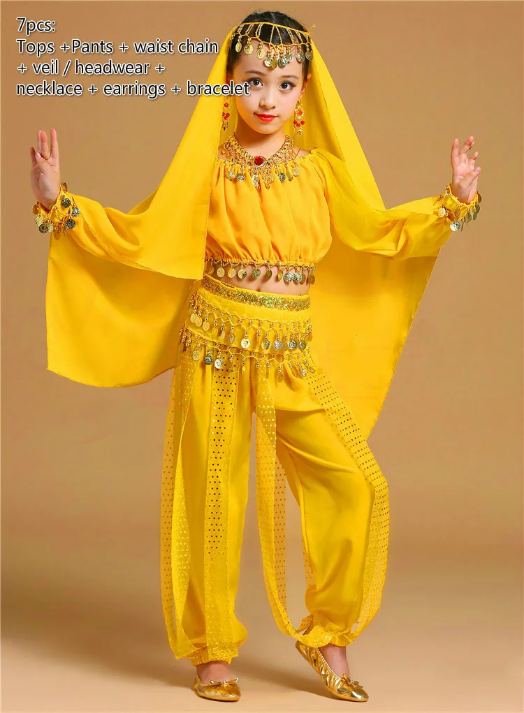 Дети живота танцевальные костюмы для девушек индийский танец этап платье для сцены с длинным рукавом Восточная одежда детей болливудские танцы - Цвет: 7pcs yellow