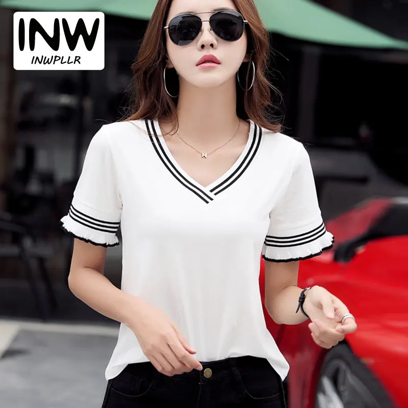 

2018 New Cotton Tshirt Women T-shirt Summer Short Sleeve Tops Tees Ladies Striped Patchwork T-shirts For Women Poleras Mujer