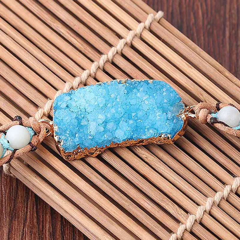 Для женщин Boho с натуральным синим кристаллом камни 5 браслет из переплетенных нитей ручной работы многослойный браслет для женщин кожаный