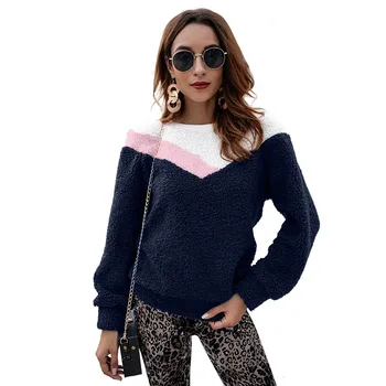 

Autumn New Spell Color Stitching Women Hoodies Pullover Warm Fleece Female Tops Casual Round Neck Sweatshirt