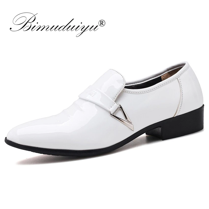 

BIMUDUIYU Men Quality Patent PU Leather Dress Shoes Slip On Male Formal Oxford Shoes Loafers Pointed Toe Business Wedding Shoes