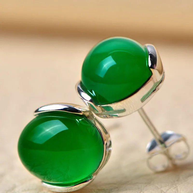 Genuine Real Pure Solid 925 Sterling Silver Stud Earrings for Women Jewelry Green Elegant Natural Chrysoprase Female Earrings