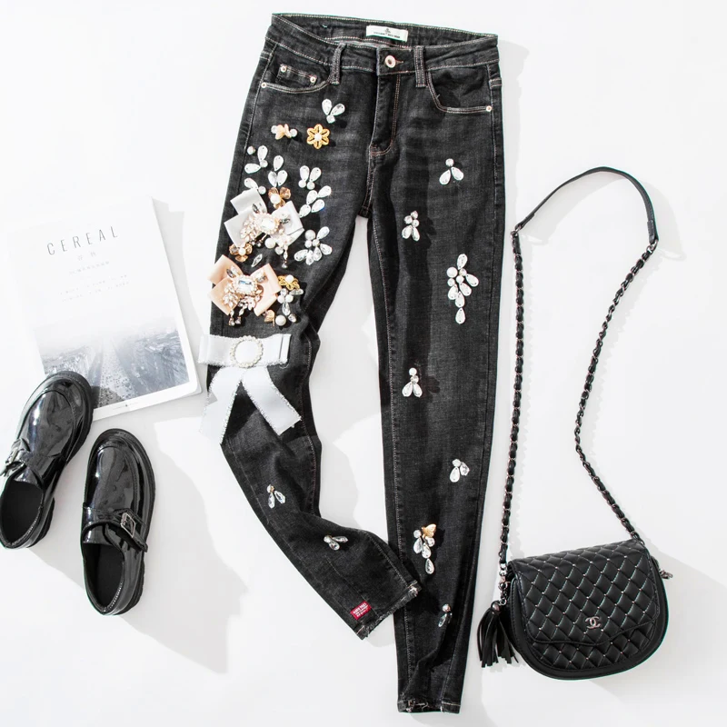 

Plus Size High Waist Jeans Woman Crytal Designs Stretch Denim Pencil Pants Luxury Beading Diamond Rhinestone Black Jeans J038