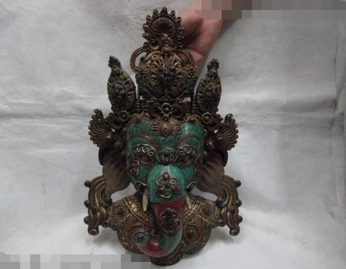 

15" Tibet Buddhism Wood resin inlay turquoise Ruby beryl Elephant God Buddha Mask