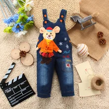 Джинсы унисекс для маленьких мальчиков и девочек; детские комбинезоны; сезон весна-осень; ремешок с узором в виде снежинок и мышки; брюки для малышей