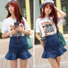 Летняя мода в виде листка лотоса сбоку джинсовая юбка популярная женская юбка с завышенной талией молния рыбий хвост ковбой юбка