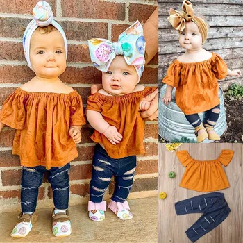

Baby Girl Off Shoulder Solid Print Tops+Hole Denim Pants Sets Newborn Toddler Infant 2019 Fashion Outfits