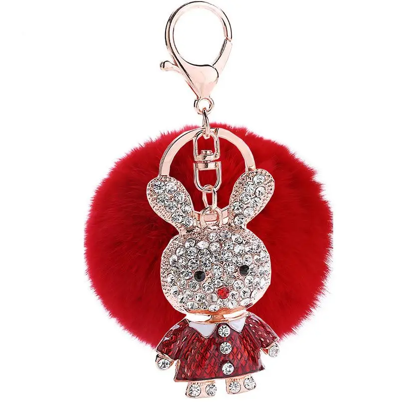 

2017 new trinket fake pompom keychain bunny keychains on bag rabbit fur Keychain fur pom pom charms for bags anime