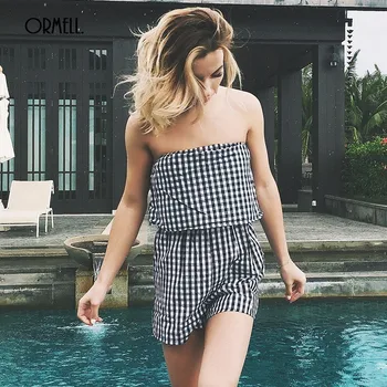 

ORMELL Summer Ladies Strapless Plaid Jumpsuit Women New Hot Cotton Vintage Off Shoulder Sexy Short Roupas Feminina Beach Outfits