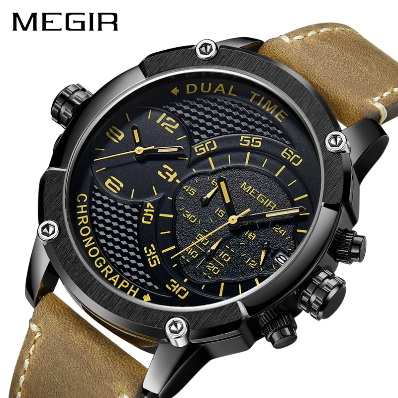 Günstig MEGIR Chronograph Sport Quarzuhr Männer Dual Time Zone Männer Handgelenk Uhren Kreative Leder Armee Military Armbanduhren Uhr Stunde