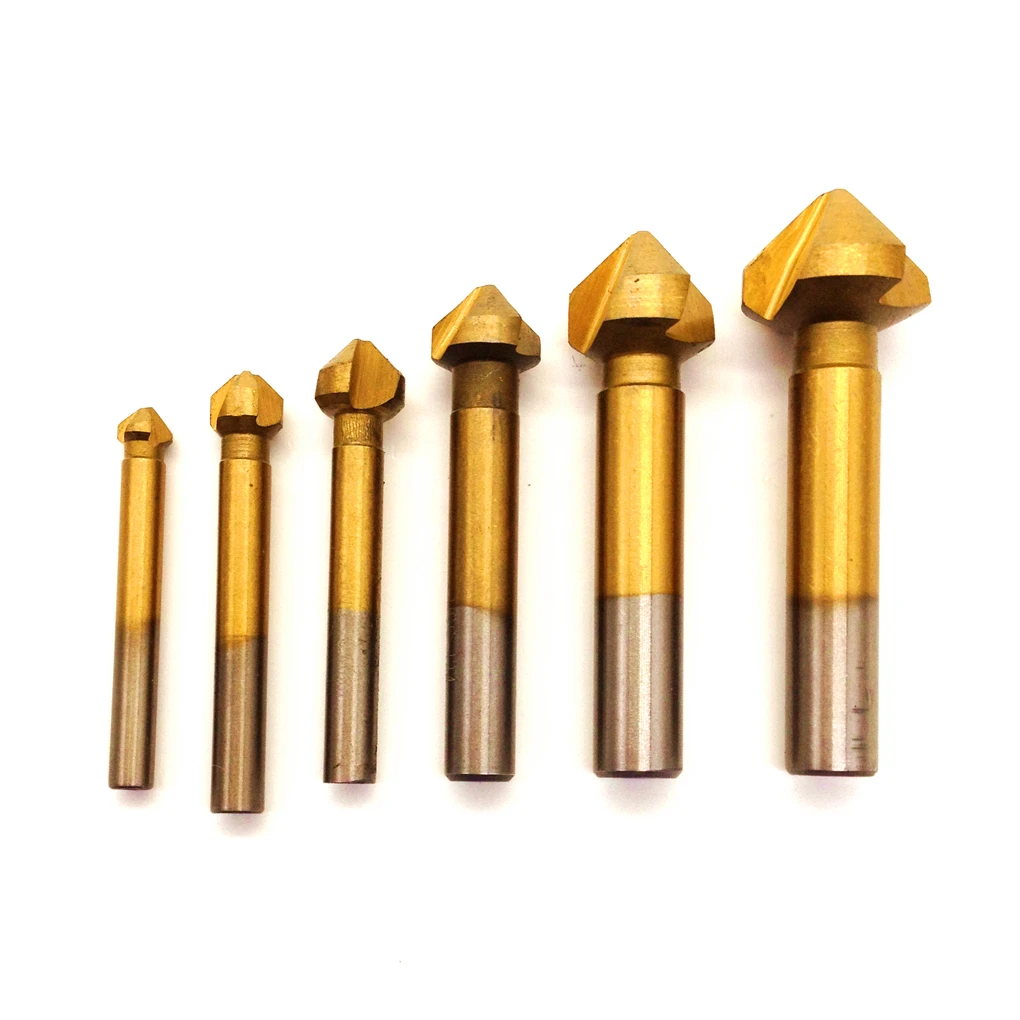 

6pcs 3 Flute Countersink Drill Bit Round Handle 90 Degree HSS Wood Steel Chamfer Cutter Tool 6.3/8.3/10.4/12.4/16.5/20.5mm