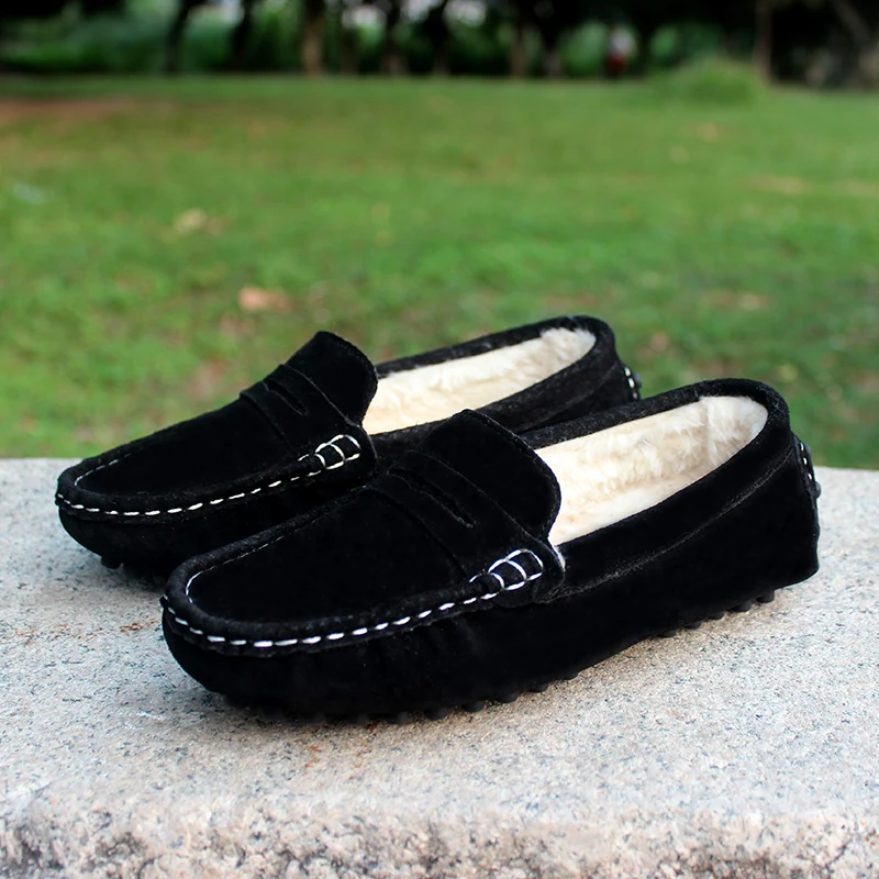 Kids Shoes Genuine Leather Shoes Loafers For Girls With Fur 2018 Winter Fashion Sneakers Children Peas Shoes Casual Boys Walking