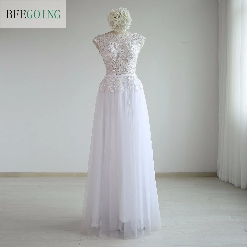 

White Tulle Lace Sheath Wedding Dresses Floor-Length V-Back Sleeveless Bridal Gown Real/Original Photos Custom made