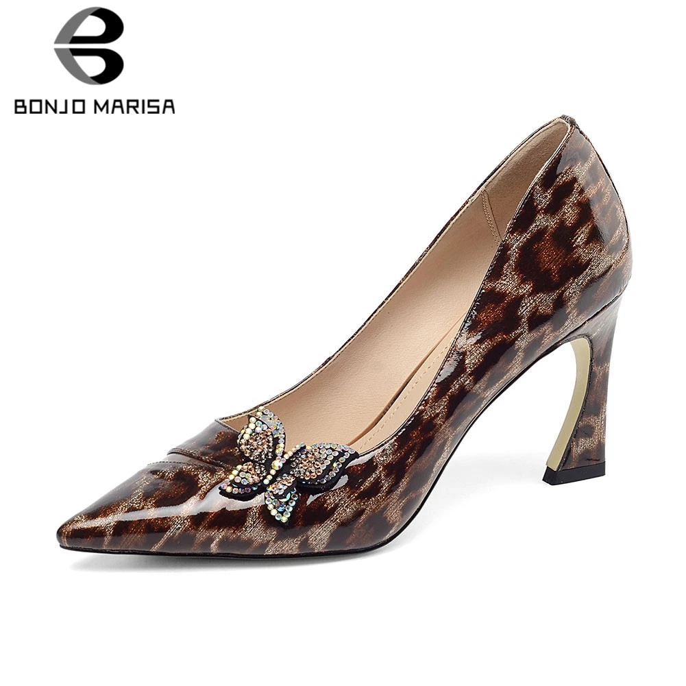 

BONJOMARISA Brand New Big Size 33-43 Leopard Parent Genuine Leather Shoes Pumps Women High Heels Shoes Woman Autumn OL Pumps
