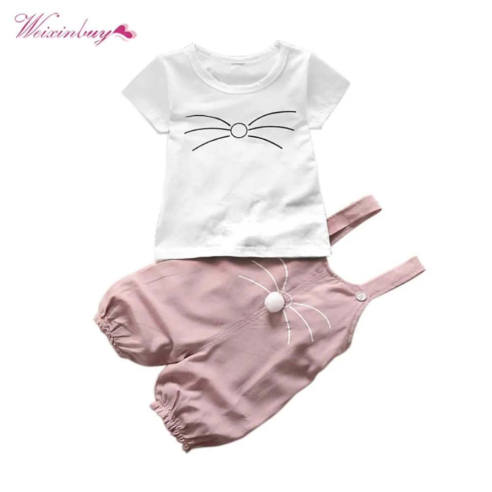 

2 Pcs Baby Girls Summer Clothes Set Cute Cotton Overall Pants + Short Sleeve T-Shirt Cute Carton Cat Cotton Clothing Set hot