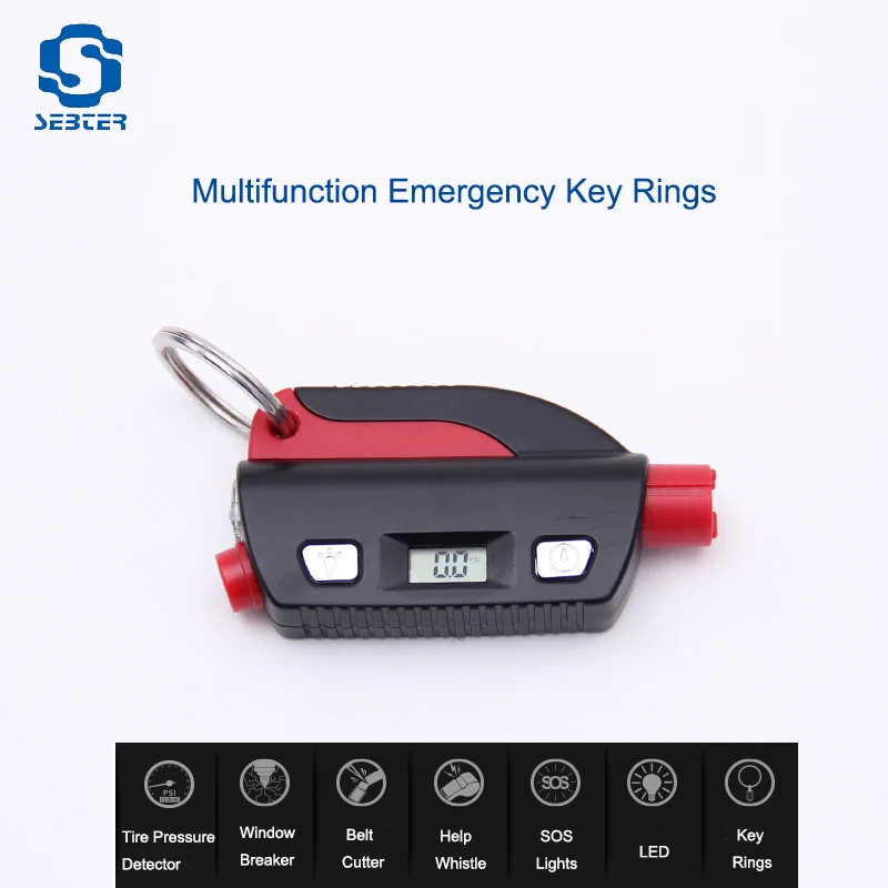 SEBTER Multifunction Glass Window Breaker Emergency Key Rings Mini Safety Hammer Escape Tool for Car Tire Pressure Detection LED