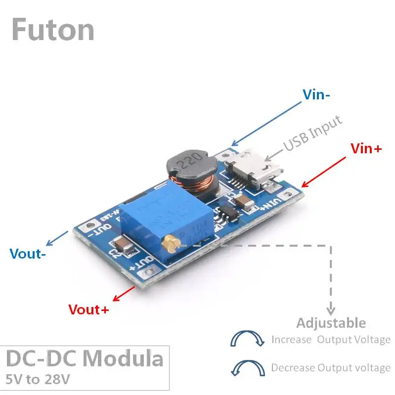 

USB Input DCDC Boost Module From 2V/5V To 28V Adjustable Set-Up Voltage Boost Board For 9V/12V LED Strip Dimmer and Motor