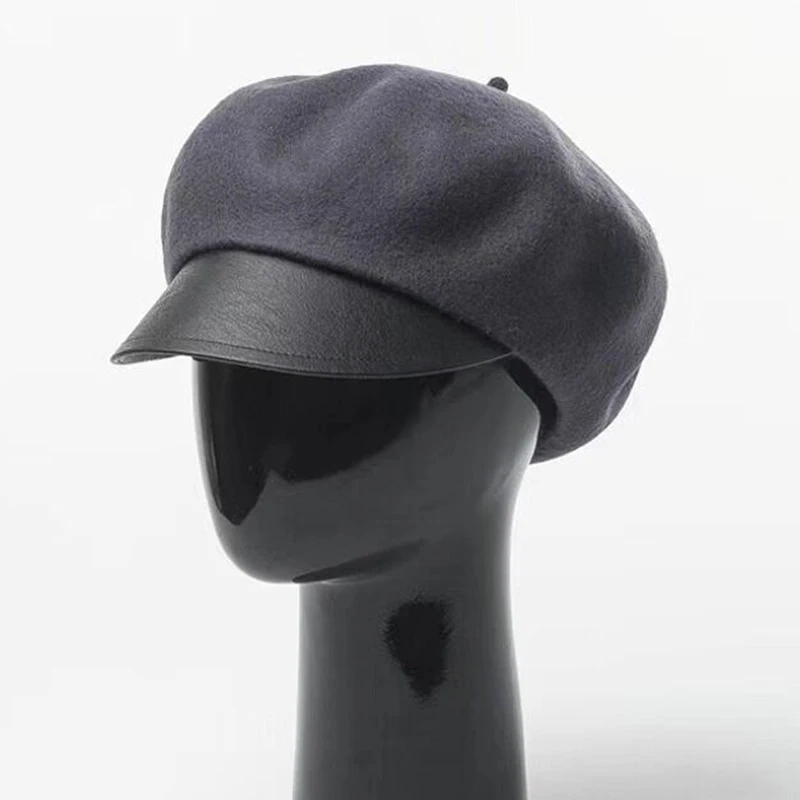 

2018 Women Fashion Casual Woolen Felt Military Hat with Leather Board Black Warm Winter Proof Leather Plater Wool Cap Good Quali