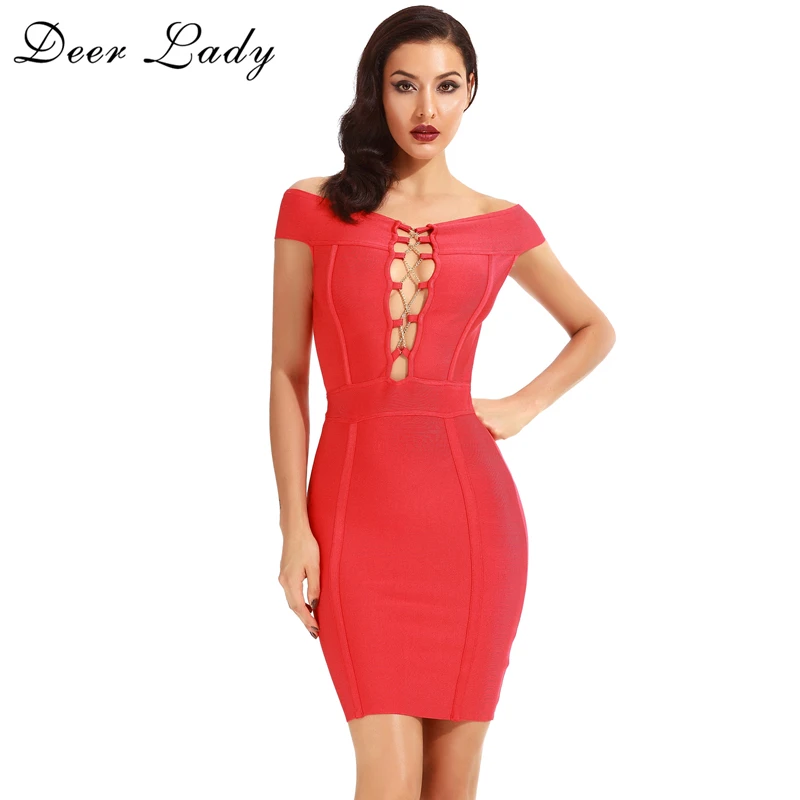 Deer Lady Black Bandage Dress 2017Summer Red Lace Up Dress Women Sexy Bodycon Off Ramenní obvazy HL