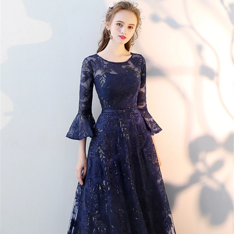 

Evening Dresses Royal Sequined Illusion O-neck Formal Prom Dress Floor-length Three Quarter Lace A-line Zipper Party Gowns E307