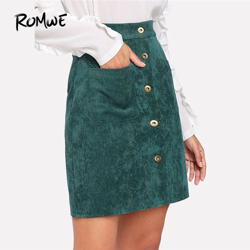 

ROMWE Single Breasted Dual Pocket Corduroy Skirt 2019 New Design Green Button Shift Casual Bottom Mid Waist Short Skirt