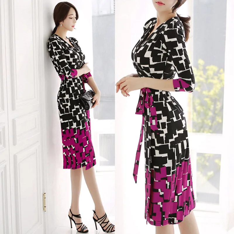 

2019 Summer Women Party Dresses temperament V-neck slim tie waist fashion professional print Sexy stitching dress female