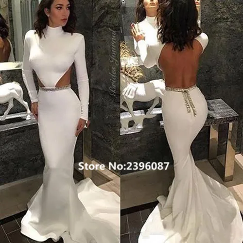 

Sexy Backless White Mermaid Evening dresses Long 2017 Long Sleeve beaded Prom Dress Formal Evening Gowns Dresses Robe de soiree