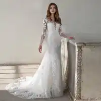 2019 Sexy Meerjungfrau Brautkleider Spitze Appliques Langarm Brautkleider Sweep Zug Vestido De Noiva Tüll
