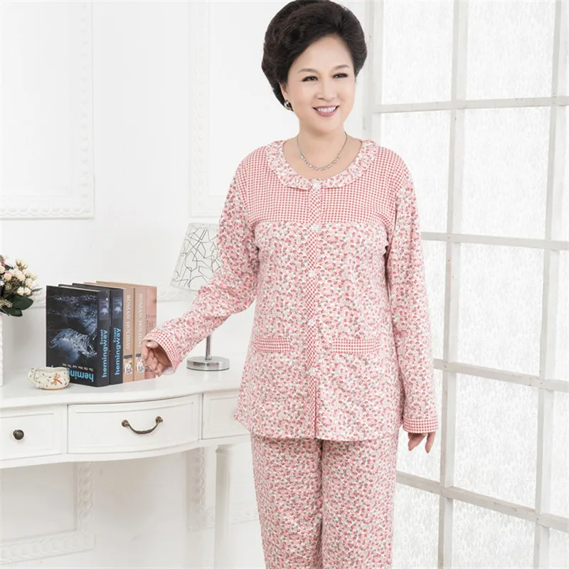 Autumn Winter Middle Aged Elderly Womens Pajamas Cotton long sleeve