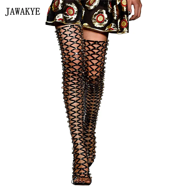 

2018 Rivet Sexy Over The Knee Boots Woman Open Toe Hollow Cut Out 12cm High Heel Shoes Woman Gladiator Sandals