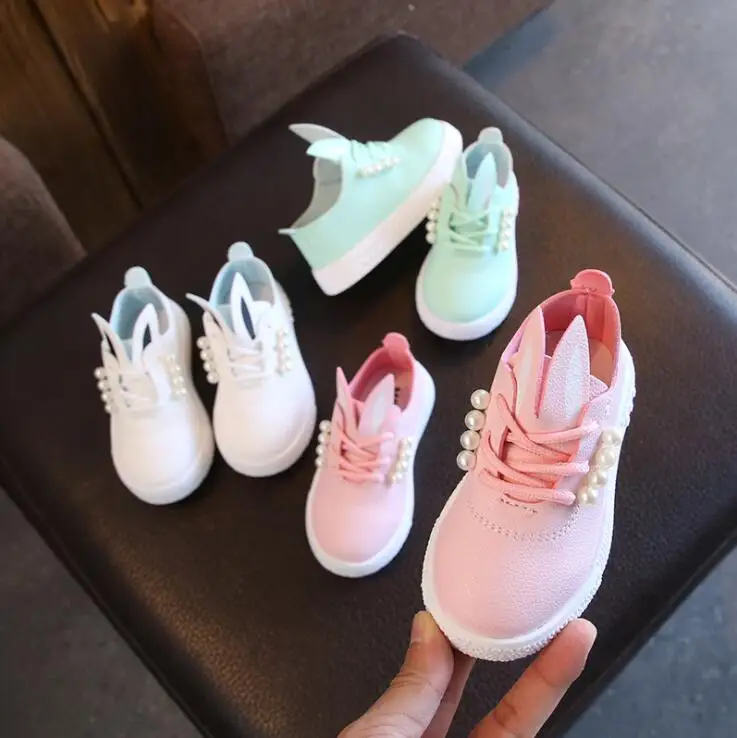 

2019 Spring Autumn new girls shoes children's pearl princess shoes Tods single shoes kids rabbit ears Bunny Ears shoes