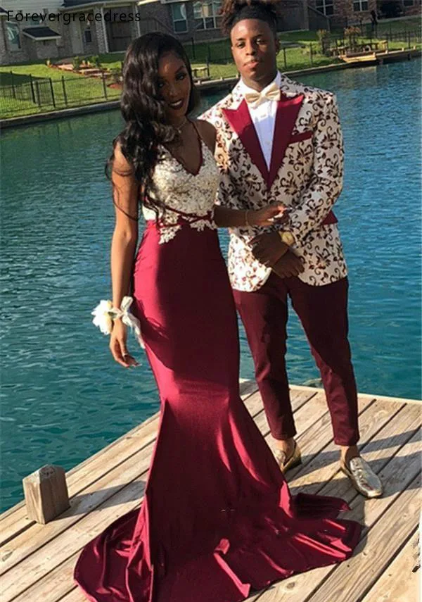 2019 South African Couple Fashion Burgundy Prom Dresses Mermaid V Neck Lace Appliques Satin Long Evening Gowns Custom Made BC1216 129 (8)